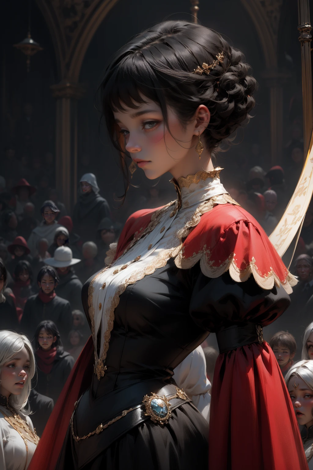 {-erro_de_anatomia:1.0} woman 30 years old, black victorian dress, brown eyes, black hair, short hair, bang, 1968s style, looking at viwer, upper body, dark background, witchcraft, dinamic poses, magic, potions, red lipstik, backwards, looking back