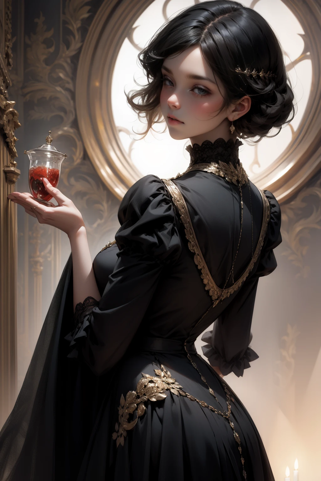 {-erro_de_anatomia:1.0} woman 30 years old, black victorian dress, brown eyes, black hair, short hair, bang, 1968s style, looking at viwer, upper body, dark background, witchcraft, dinamic poses, magic, potions, red lipstik, backwards, looking back