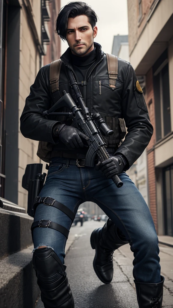 realistic photo, a handsome man, alone, short hair, jeans, black hair, black eyes, gloves, weapons, pantyhose, hair band, boots, holding a gun, Black pantyhose, rifle, one knee, sniper rifle, scope, shell casing