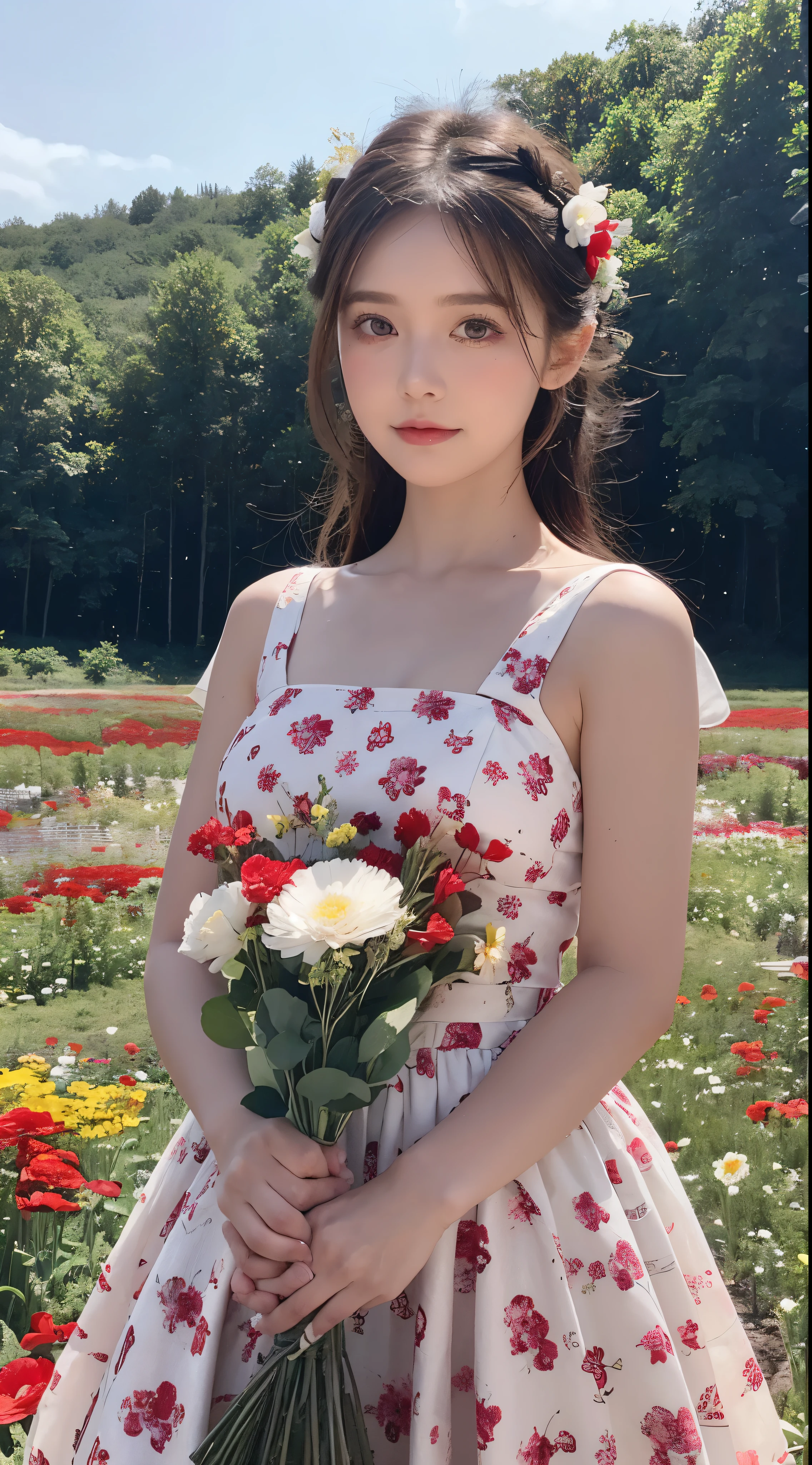 there is a  in a red and white dress holding a bouquet, girl in flowers, picking flowers, holding flowers, picking up a flower, girl standing in flower field, girl standing in a flower field, flowers on heir cheeks, girl in a flower field, portrait of girl in flower field, girl walking in forest, girl with a flower head
