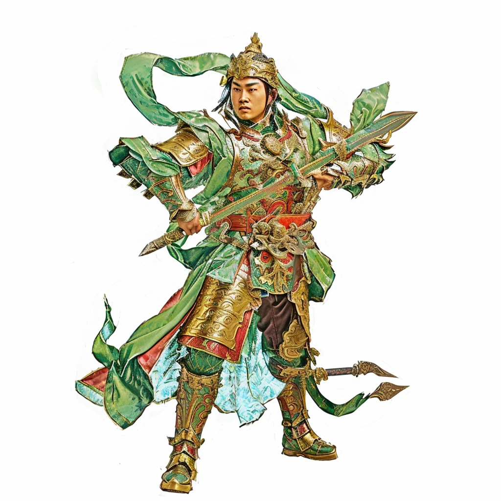 a young chinese warrior with luxurious armour, holding a curvy sculpted sword, green deity ribbon, cyan red cape, taoist master, taoist master, wide big chin, no beard