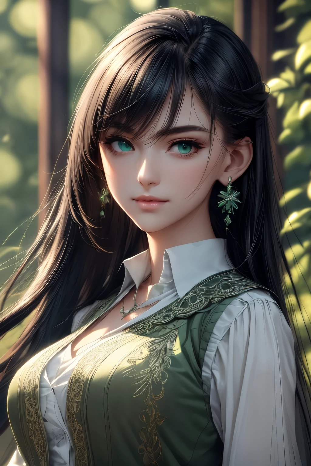 (masterpiece,best quality,ultra_detailed,highres,absurdres) solo, female focus, mysterious, Extremely gorgeous, 1 mature female, 25-ish, long black sleek hair, flat bangs, green highlight, floating hair, sidelocks, beautiful detailed Glass hair, delicate beautiful face, smirk smile, Iridescence and colorful eyes (detailed eyes), closed_mouth, Delicate arms and hands, big_breasts, (green eyes), white skin, delicate metal decorations, earrings, Beautifully gorgeous necklace, flowing lace, surreal, intricate light, Flying green petals, lens flare, absurdres, highres, very fine 8KCG wallpapers, simple background, ((close-up shot)), (((modern clothes))) (vest, looking at viewer, collared shirt, long sleeves, white shirt, black vest, earings).