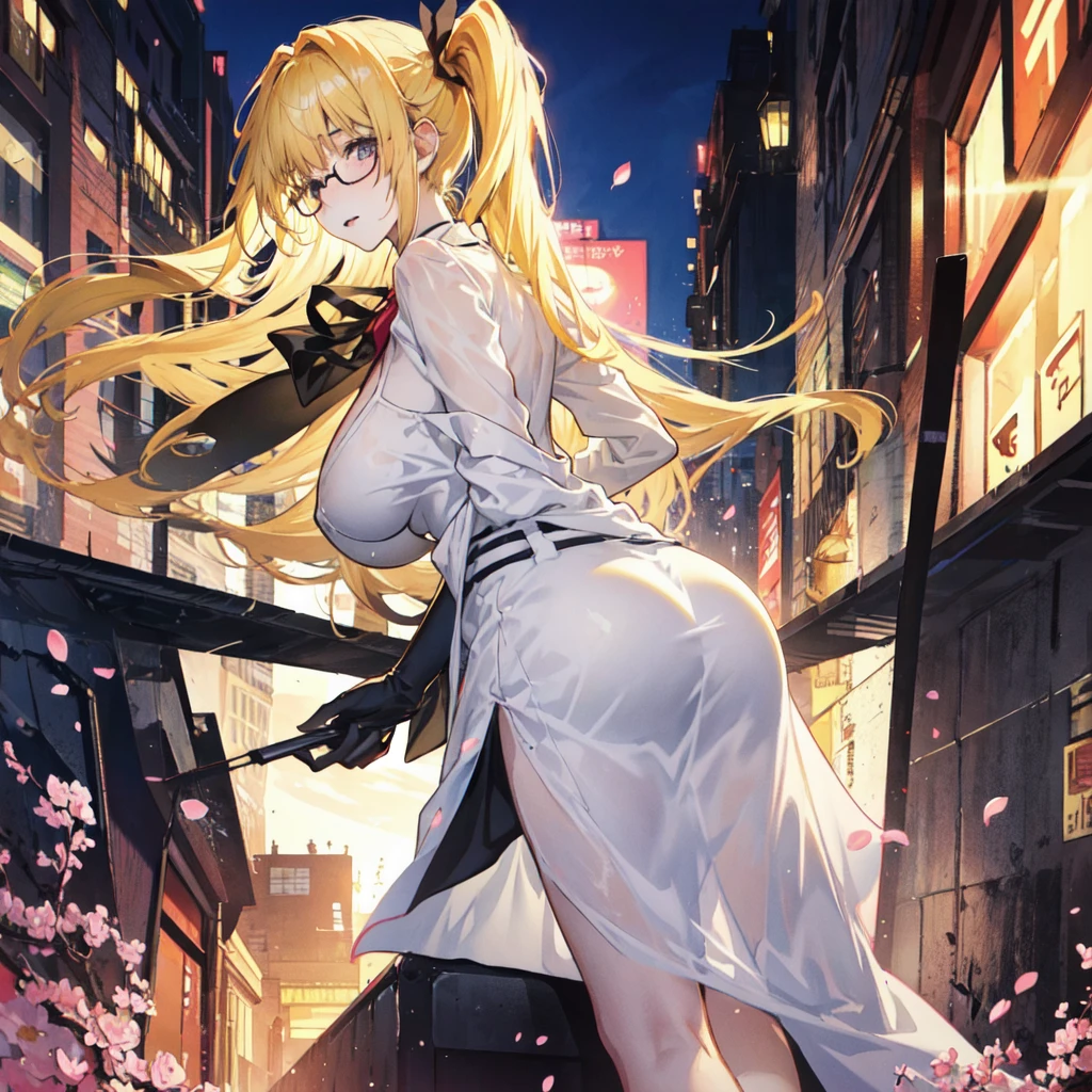 Young and beautiful Kathryn Newton, Glasses, White dress shirt, The neckline is deep, White mini dress, black,身穿black, Surreal, , Model Diagram,Extra large breasts, Beautiful breasts, Big Ass, Long hair, Ponytail, Blonde hair, Long legs, 8K, futuristic city, Cherry blossoms,Sweating all over the body,Large areas of clothing are wet, sunrise, LED lighting, Anime style, (((cleveage))),((Leaning against the wall,Sideways posture))