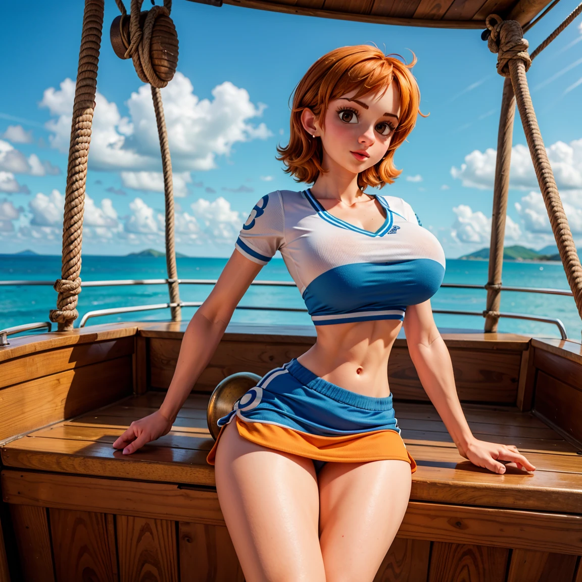 8K, Ultra HD, super details, high quality, high resolution. The heroine, Nami, looks beautiful in a full-length photo, her body is sculptural, her short orange hair is beautiful, in perfect combination with her white skin, her bright brown eyes mesmerize everyone. Nami is known for her attractive and sexy outfits, she is wearing a white top with blue details, a brown mini skirt and black boots. She is very sexy, drawing attention to her big breasts and thick legs. She is sailing her boat.