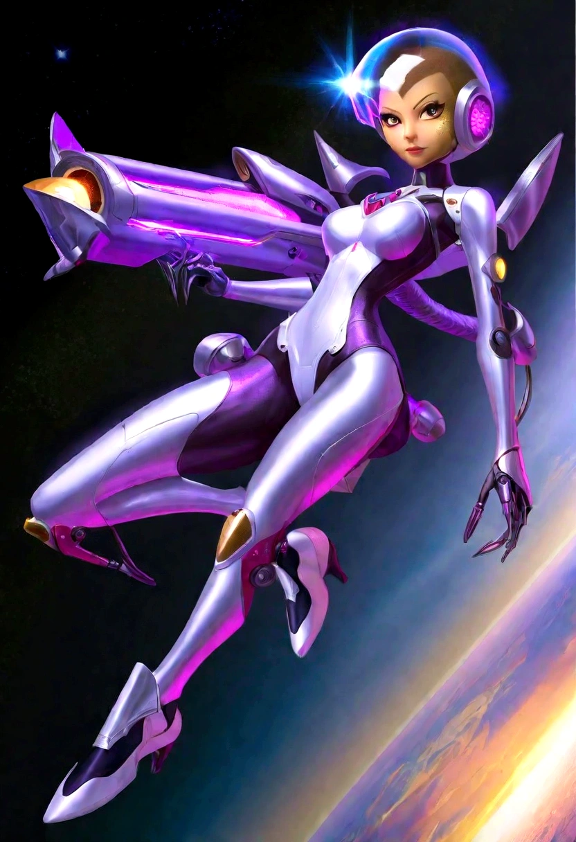 Luciwilde is a sexy cyborg with a entirely electric purple metallic body(obviously mechanical), metal helmet stylized as a fashion model hairdo (no hair visible), and a completely human face. She is flying through space propelled by jets in her feet. She has a guitar with a laser rifle built into it. Full body shot, show all of her, action pose with her weapon, best quality, extreme attention to detail, beautiful face
