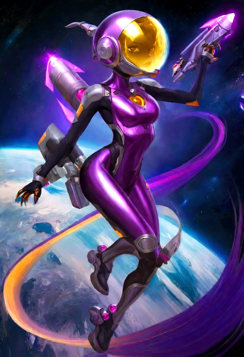 Luciwilde is a sexy cyborg with a entirely electric purple metallic body(obviously mechanical), metal helmet stylized as a fashion model hairdo (no hair visible), and a completely human face. She is flying through space propelled by jets in her feet. She has a guitar with a laser rifle built into it. Full body shot, show all of her, action pose with her weapon, best quality, extreme attention to detail, beautiful face
