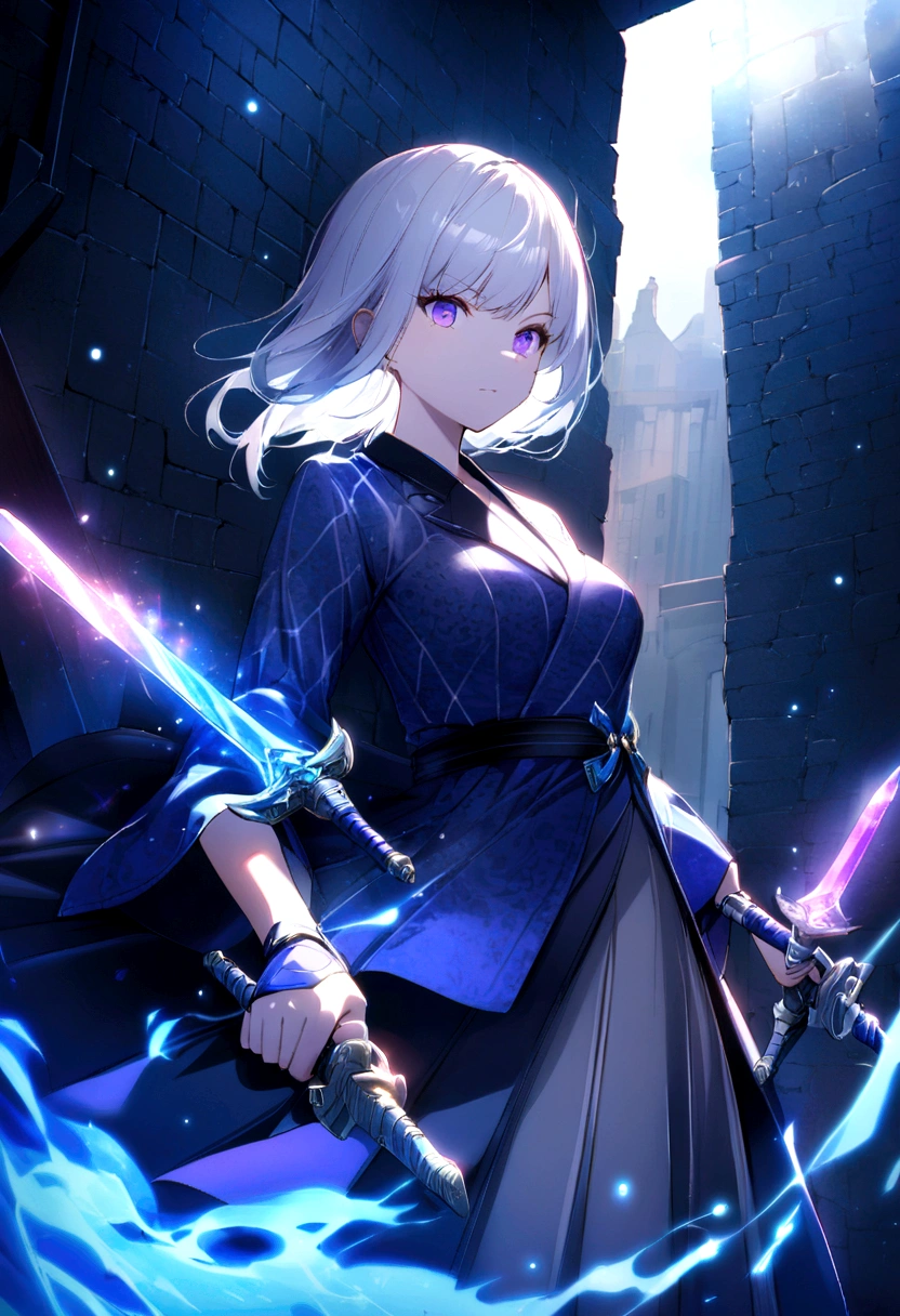 colourfull、1girl in、white  hair、a purple eye、dual-wielding、The sword、The sword、blue flames、brilliance、glowing weapons、Particles of light、wall-paper、chromatic abberation、short-cut