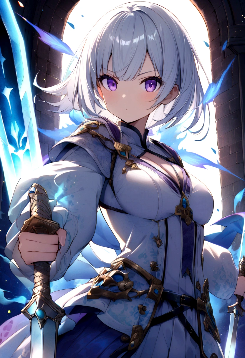 colourfull、1girl in、white hair、a purple eye、dual-wielding、The sword、The sword、blue flames、brilliance、glowing weapons、Particles of light、wall-paper、chromatic abberation、short-cut
