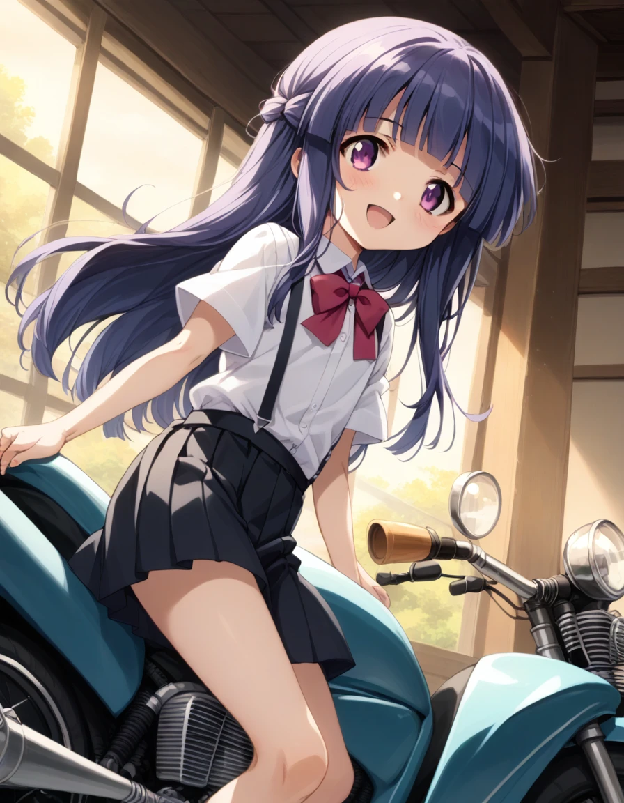 score_9, score_8_up, score_7_up, score_6_up, source_anime,,,,1girl, solo, furude rika, (tween:1), kawaii, blue hair, purple eyes, long hair, blunt bangs, bangs, bow, skirt, shirt, suspenders, smile, short sleeves, pleated skirt, white shirt, open mouth, red bow, ^_^, suspender skirt, , black skirt, collared shirt, blush, bowtie, blunt bangs, dress shirtt, , anime screencap, anime coloring.serious,(a girl riding a motorcycle at full speed:1.3),(from side),),,,(serious expression:1.1)、rule of odds