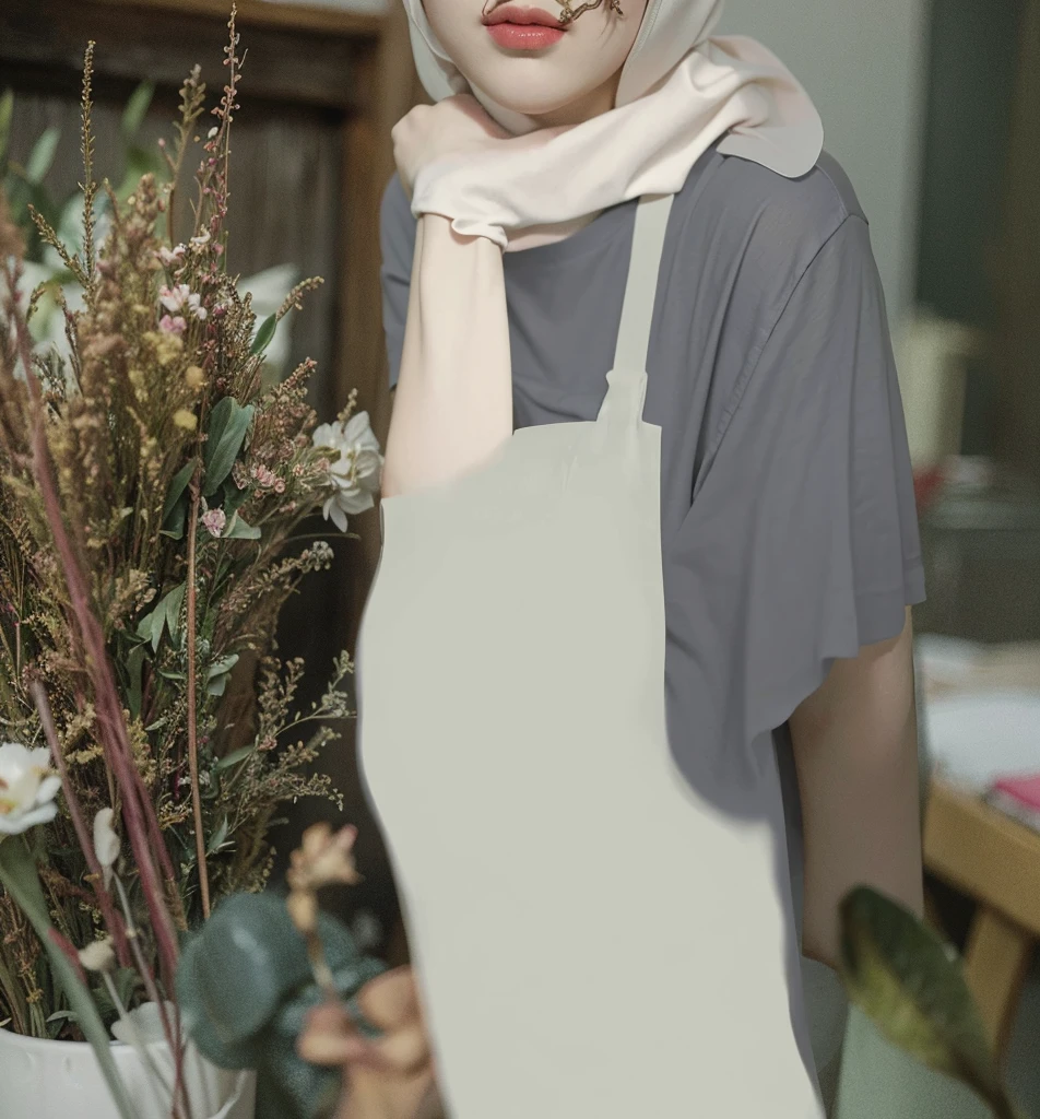 (Best quality, 8k, 32k, Masterpiece, UHD:1.2),Photo of Pretty Japanese hijab woman, large breasts, oversize crew t shirt. embordy