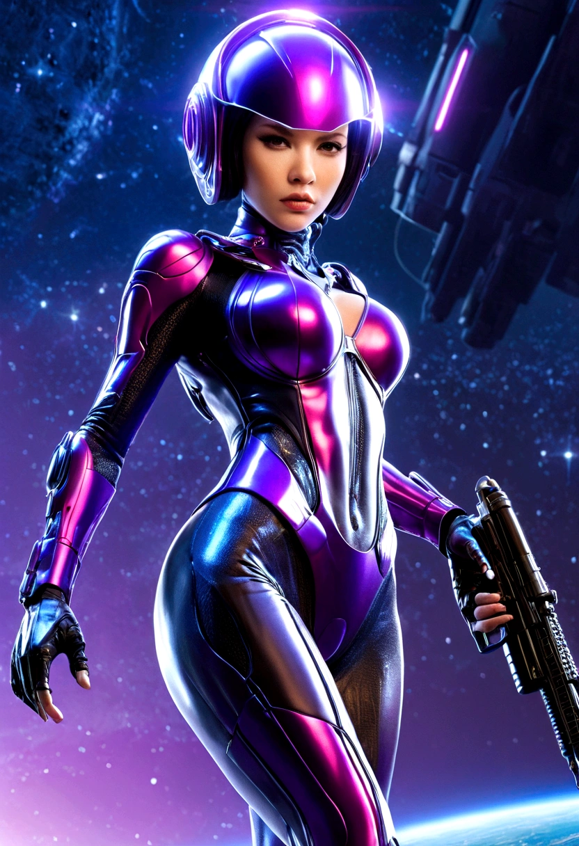 Luciwilde is a sexy cyborg with a entirely electric purple metallic body(obviously mechanical), metal helmet stylized as a fashion model hairdo (no hair visible), and a completely human face. She is flying through space propelled by jets in her feet. She has a guitar with a laser rifle built into it. Full body shot, show all of her, action pose with her weapon, best quality, extreme attention to detail, beautiful face