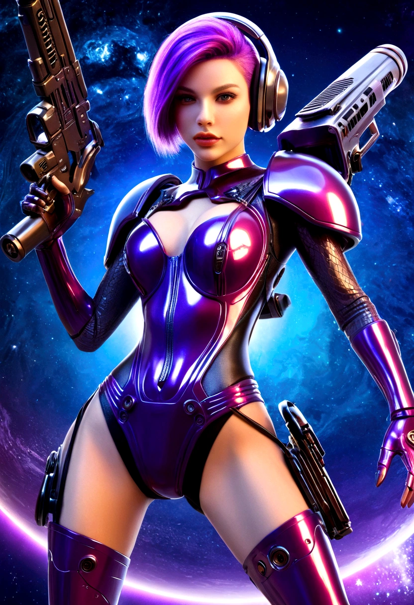 Luciwilde is a sexy cyborg with a entirely electric purple metallic body(obviously mechanical), metal helmet stylized as a fashion model hairdo (no hair visible), and a completely human face. She is flying through space propelled by jets in her feet. She has a guitar with a laser rifle built into it. Full body shot, show all of her, action pose with her weapon, best quality, extreme attention to detail, beautiful face