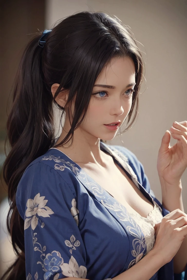 (best quality), (masterpiece), detailed, depth of field, perfect lighting, 1girl, mature female, about 48 yo, blue eyes, blue hair, low ponytail, hair ornament, (best quality), (masterpiece), detailed, depth of field, short sleeves,  blue kimono, blue hair, pearl hair accesories, upper body, huge natural breasts, smile, BREAK, surrounded by burly fat bbc black males, 