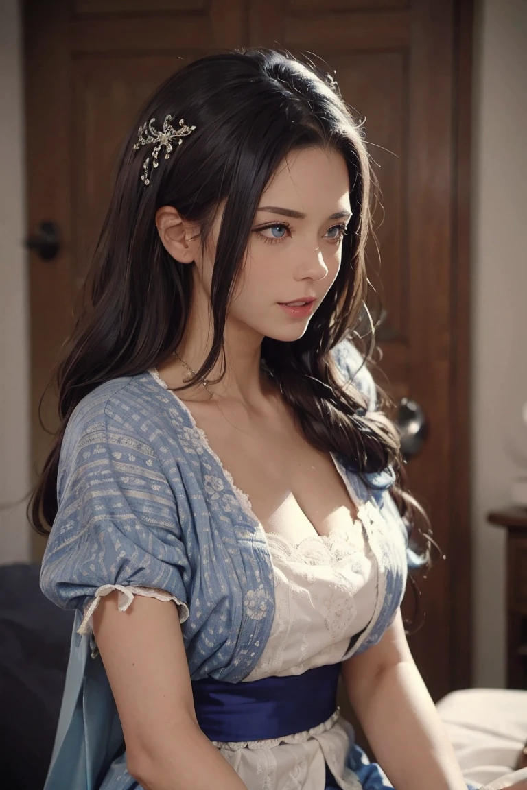 (best quality), (masterpiece), detailed, depth of field, perfect lighting, 1girl, mature female, about 48 yo, blue eyes, blue hair, low ponytail, hair ornament, (best quality), (masterpiece), detailed, depth of field, short sleeves,  blue kimono, blue hair, pearl hair accesories, upper body, huge natural breasts, smile, BREAK, surrounded by burly fat bbc black males, 