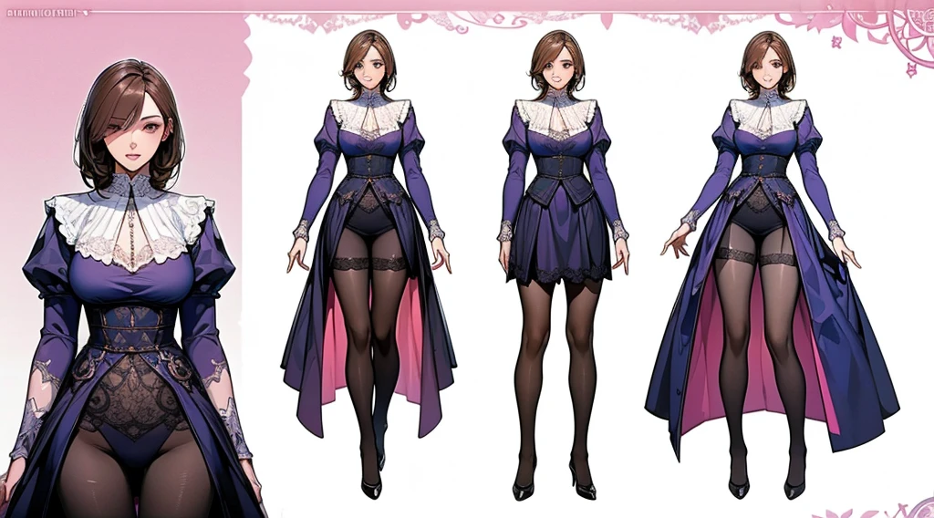((masterpiece, Highest quality)), Detailed face, Character design sheet,Full Body Lesbian, Perfect Proportions,Full of details, Various poses and expressions, Very detailed, depth, Many parts,Beautiful age girl,suit,Lace pantyhose,Pale pink eyeagnificent and elaborate character art,Natural light