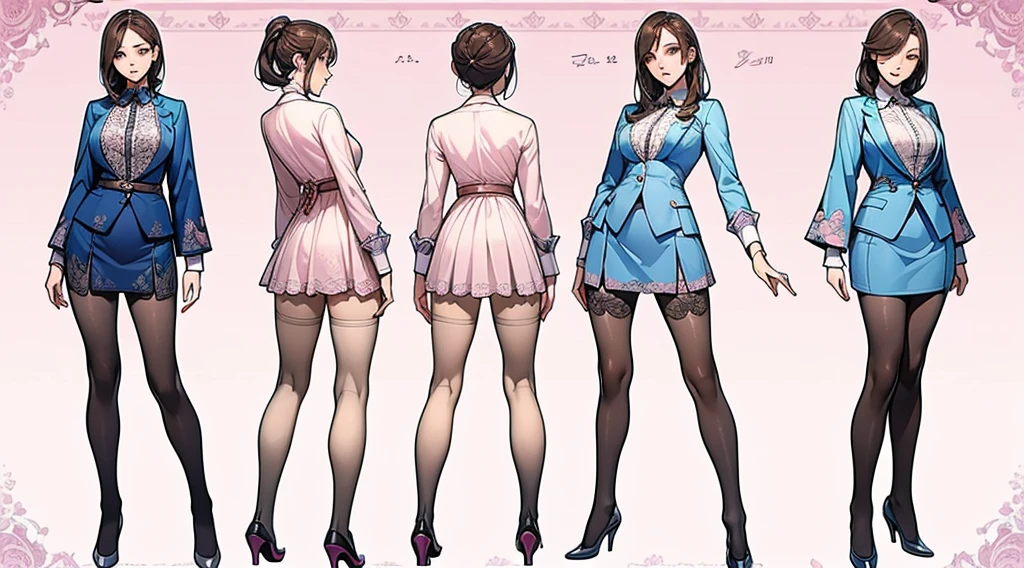 ((masterpiece, Highest quality)), Detailed face, Character design sheet，Full Body Lesbian, Perfect Proportions，Full of details, Various poses and expressions, Very detailed, depth, Many parts，Beautiful teenage girl，suit，Lace pantyhose，Pale pink eyeagnificent and elaborate character art，Natural light