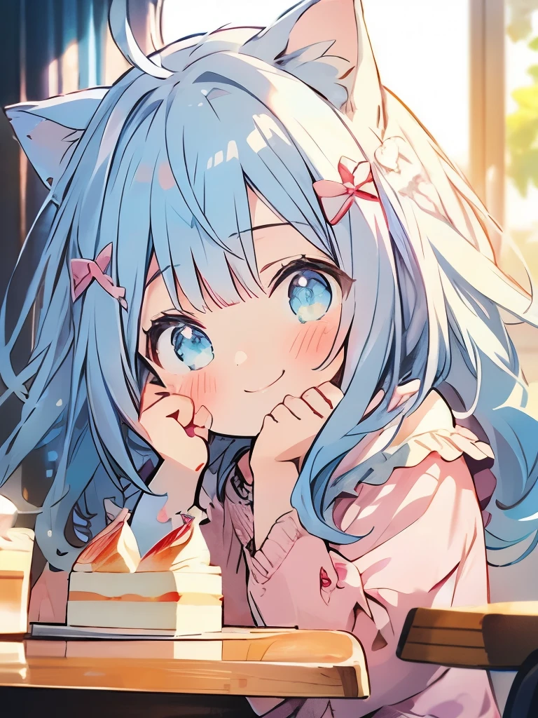 masterpiece、girl、Light blue hair、Light pink hair、Long Hair、Sparkling eyes、Cat ear、smile、bright、Cheek resting on hand、Lots of cakes