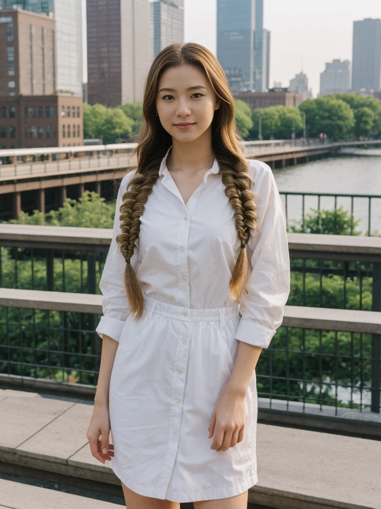 her name is Asako, high quality, 1girl, ((20-year-old fit Caucasian woman)), ((20 years old)), ((slim)), ((Fishtail Braid hair)), pose: standing, wearing aesthetic Generation-Z modern wear different colored, BACKGROUND: "At the High Line, a linear park built on a historic freight rail line with views of the Hudson River and city streets."