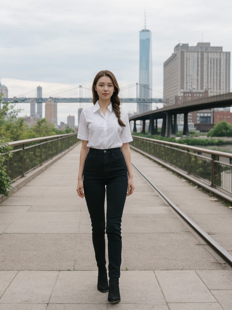 her name is Asako, high quality, 1girl, ((20-year-old fit Caucasian woman)), ((20 years old)), ((slim)), ((Fishtail Braid hair)), pose: standing, wearing aesthetic Generation-Z modern wear different colored, BACKGROUND: "At the High Line, a linear park built on a historic freight rail line with views of the Hudson River and city streets."