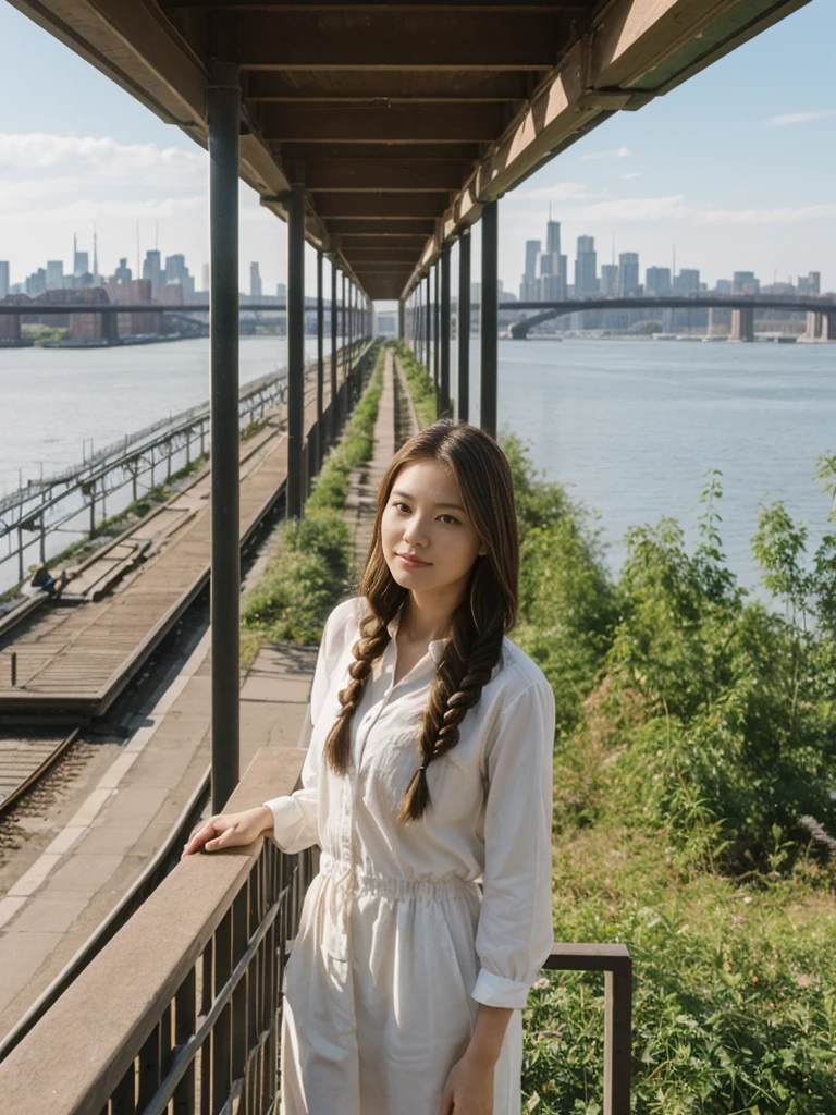 her name is Asako, high quality, 1girl, ((20-year-old fit Caucasian woman)), ((20 years old)), ((slim)), ((Fishtail Braid hair)), pose: standing, wearing aesthetic Generation-Z modern wear different colored, BACKGROUND: "At the High Line, a linear park built on a historic freight rail line with views of the Hudson River and city streets."