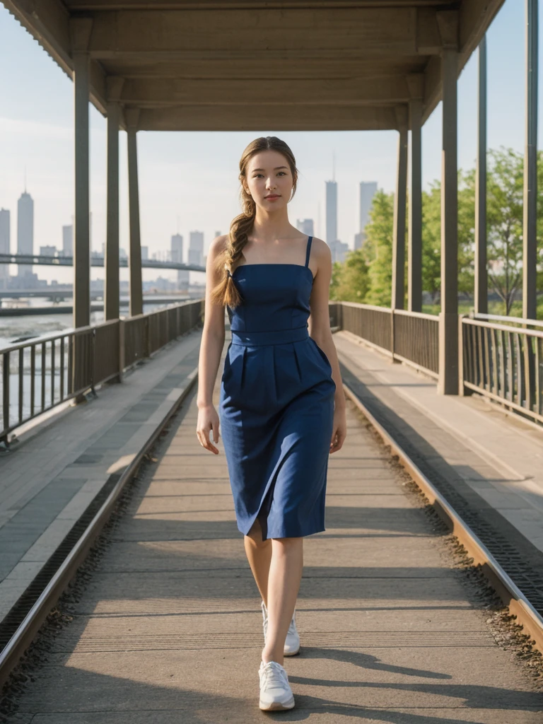 her name is Asako, high quality, 1girl, ((20-year-old fit Caucasian woman)), ((20 years old)), ((slim)), ((Fishtail Braid hair)), pose: standing, wearing aesthetic Generation-Z modern wear different colored, BACKGROUND: "At the High Line, a linear park built on a historic freight rail line with views of the Hudson River and city streets."