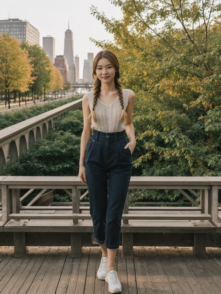 her name is Asako, high quality, 1girl, ((20-year-old fit Caucasian woman)), ((20 years old)), ((slim)), ((Fishtail Braid hair)), pose: standing, wearing aesthetic Generation-Z modern wear different colored, BACKGROUND: "At the High Line, a linear park built on a historic freight rail line with views of the Hudson River and city streets."