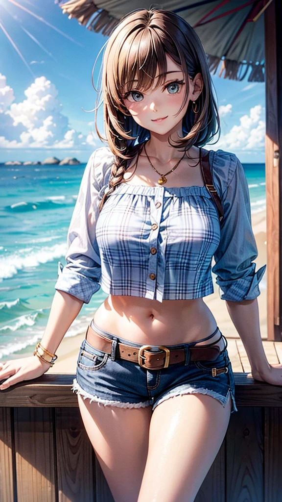 One in cavaquinho shorts with a top buckle and a plaid coastal blouse