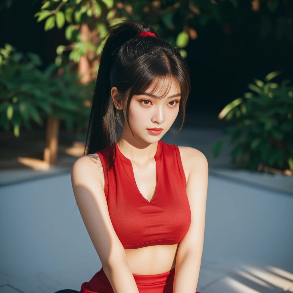 Close-up of a woman wearing a dark red t-shirt., Close-up of Haraf woman looking at camera, perfect has a round face, A well-maintained model., Young Southeast Asian woman with a round face, Profile picture: warm light, evening sun light, (Highest quality:1.4), (Masterpiece:1.3),(sharp focus:1.2), (The ponytail has bangs like Lisa's.),glowing face, (Red cheeks:1.3), standing walking outdoors, Thai girl anime, beautiful asian girl,stereoscopic 8k,45 high quality colored lights,000,000,000 pixels, photo, post-trade photo, animation, beautiful portrait,