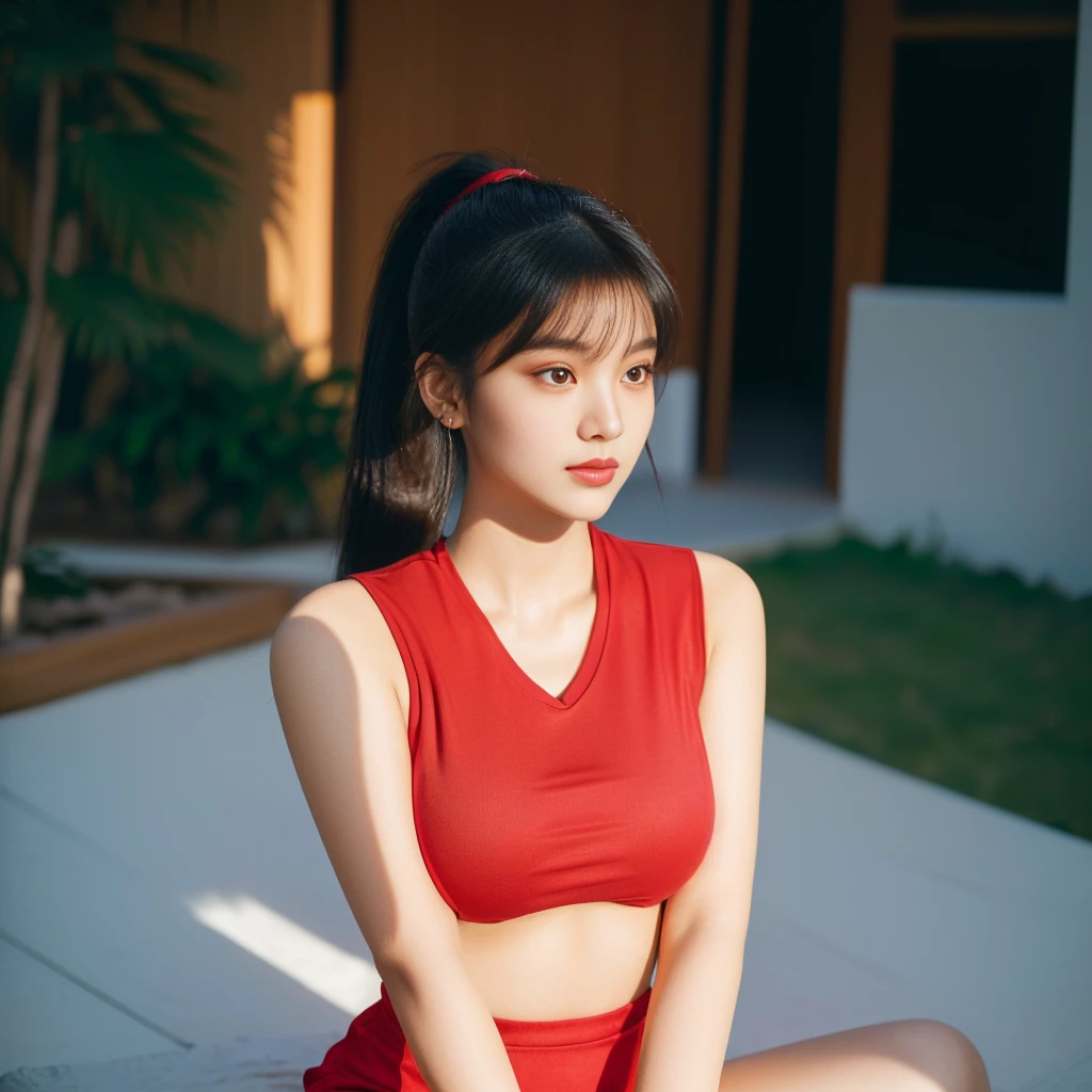 Close-up of a woman wearing a dark red t-shirt., Close-up of Haraf woman looking at camera, perfect has a round face, A well-maintained model., Young Southeast Asian woman with a round face, Profile picture: warm light, evening sun light, (Highest quality:1.4), (Masterpiece:1.3),(sharp focus:1.2), (The ponytail has bangs like Lisa&#39;s.),glowing face, (Red cheeks:1.3), standing walking outdoors, Thai girl anime, beautiful asian girl,stereoscopic 8k,45 high quality colored lights,000,000,000 pixels, photo, post-trade photo, animation, beautiful portrait,