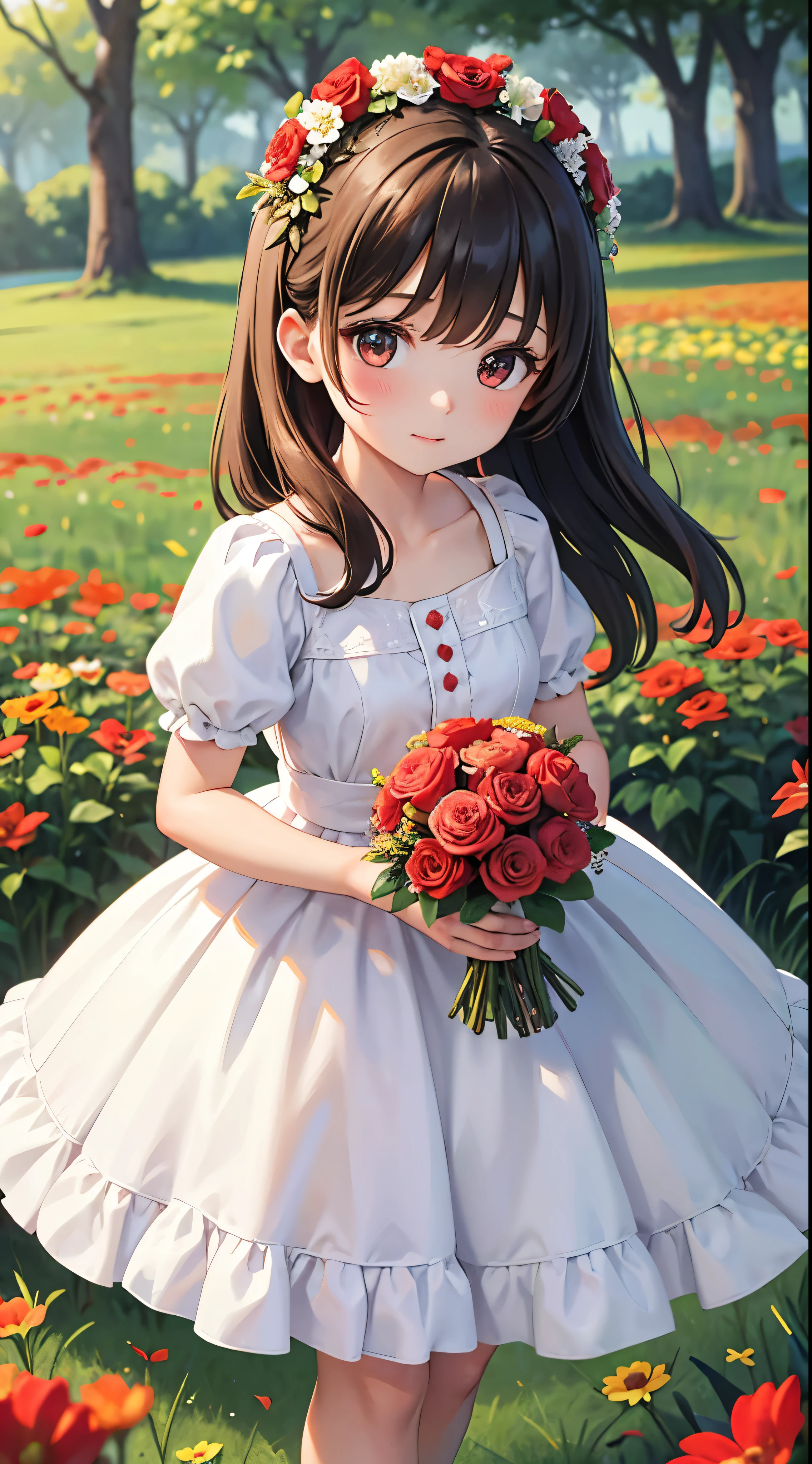 there is a  in a red and white dress holding a bouquet, girl in flowers, picking flowers, holding flowers, picking up a flower, girl standing in flower field, girl standing in a flower field, flowers on heir cheeks, girl in a flower field, portrait of girl in flower field, girl walking in forest, girl with a flower head