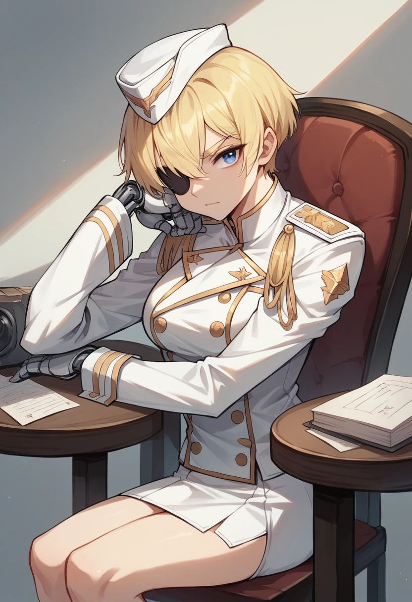 commander anime girl, white commander clothes, white mini skirt, white commander hat, 18 years old, tall, medium length blonde hair, blonde eyebrows, blue eyes, black eye patch, eye patch in right eye, right a mechanical arm, left arm a normal arm, sitting in a chair at the head of a large and long covenant table, alone, 8K Image Quality