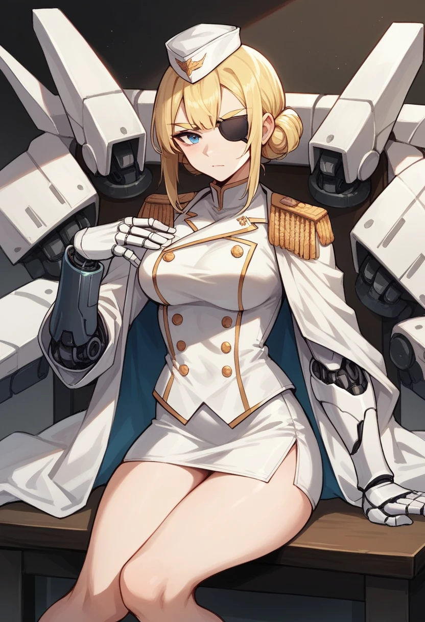 commander anime girl, white commander clothes, white mini skirt, white commander hat, 18 years old, tall, medium length blonde hair, blonde eyebrows, blue eyes, black eye patch, eye patch in right eye, right a mechanical arm, left arm a normal arm, sitting in a chair at the head of a large and long covenant table, alone, 8K Image Quality