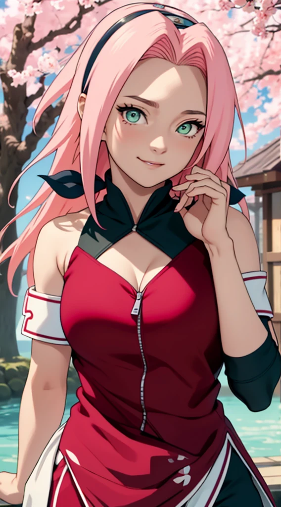 tmasterpiece, Best quality at best, 1girll, Sakura Haruno, Large breasts,Off-the-shoulder attire,(cleavage),(upperbody closeup),Raised sexy,is shy,ssmile,with pink hair, long whitr hair, (Green eyeballs:1.4), Forehead protection, the cherry trees,Cherry blossoms flying,Red clothes,Zipper half