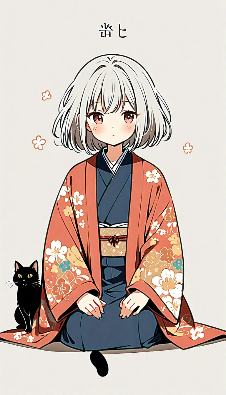 white background, Fujichoco style, kimono, white hair, full body, sitting, Torii, cat, simple background,Simple line initialism, (((The Most Beautiful Girl))), wallpapers, 8K,