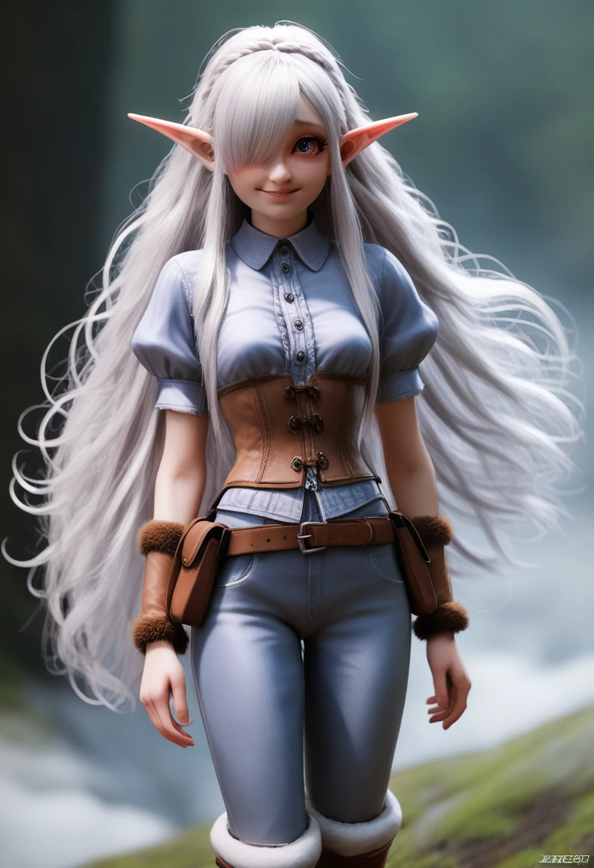 A girl with pale skin, short stature, very long wavy silver hair covering one eye, small breasts, pouty lips, and bright blue anime-style eyes with long lashes, wearing a corset, white puffy long sleeved shirt, and puffy cloth pants, leather bound boots, set in a windy fantasy landscape, (best quality,4k,8k,highres,masterpiece:1.2),ultra-detailed, dungeons and dragons, long elf ears, small girl, detailed skin and cloth textures, cute detailed face, intricate details, extremely detailed, 1girl, dynamic pose with hair covering one eye, shy personality, puffy cloth pants with leather belt, detailed privateer outfit, detailed buccaneer outfit, pouch on belt, wearing ornate leather armor with fur trim, silver inlay detail, wearing fur trimmed boots, wearing fur trimmed gloves, short, short height, halfing girl, small girl, very long detailed flowing hair, big head, big round eyes, windy, wind blown hair, wirey muscles, smile