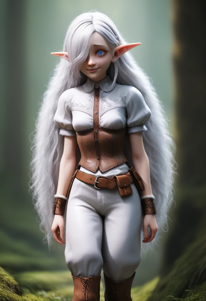 A girl with pale skin, short stature, very long wavy silver hair covering one eye, small breasts, pouty lips, and bright blue anime-style eyes with long lashes, wearing a corset, white puffy long sleeved shirt, and puffy cloth pants, leather bound boots, set in a windy fantasy landscape, (best quality,4k,8k,highres,masterpiece:1.2),ultra-detailed, dungeons and dragons, long elf ears, small girl, detailed skin and cloth textures, cute detailed face, intricate details, extremely detailed, 1girl, dynamic pose with hair covering one eye, shy personality, puffy cloth pants with leather belt, detailed privateer outfit, detailed buccaneer outfit, pouch on belt, wearing ornate leather armor with fur trim, silver inlay detail, wearing fur trimmed boots, wearing fur trimmed gloves, short, short height, halfing girl, small girl, very long detailed flowing hair, big head, big round eyes, windy, wind blown hair, wirey muscles, smile