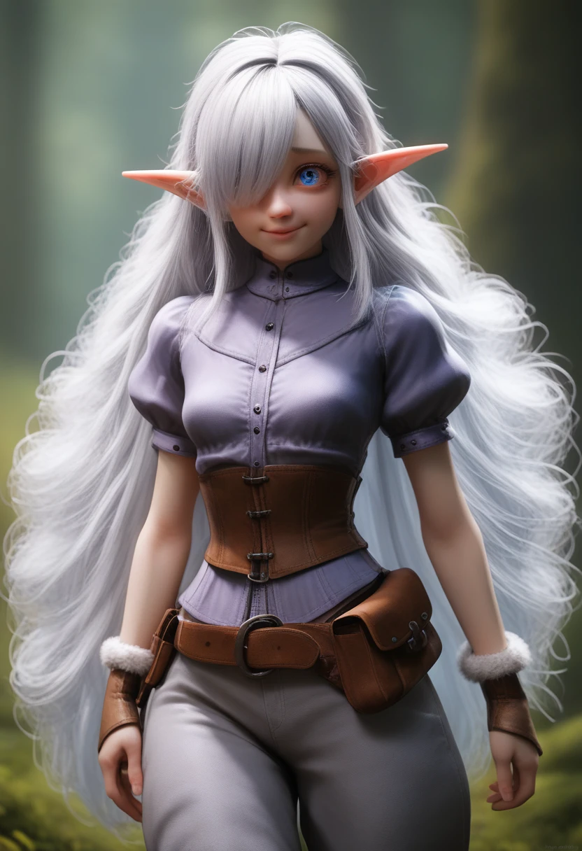 A girl with pale skin, short stature, very long wavy silver hair covering one eye, small breasts, pouty lips, and bright blue anime-style eyes with long lashes, wearing a corset, white puffy long sleeved shirt, and puffy cloth pants, leather bound boots, set in a windy fantasy landscape, (best quality,4k,8k,highres,masterpiece:1.2),ultra-detailed, dungeons and dragons, long elf ears, small girl, detailed skin and cloth textures, cute detailed face, intricate details, extremely detailed, 1girl, dynamic pose with hair covering one eye, shy personality, puffy cloth pants with leather belt, detailed privateer outfit, detailed buccaneer outfit, pouch on belt, wearing ornate leather armor with fur trim, silver inlay detail, wearing fur trimmed boots, wearing fur trimmed gloves, short, short height, halfing girl, small girl, very long detailed flowing hair, big head, big round eyes, windy, wind blown hair, wirey muscles, smile