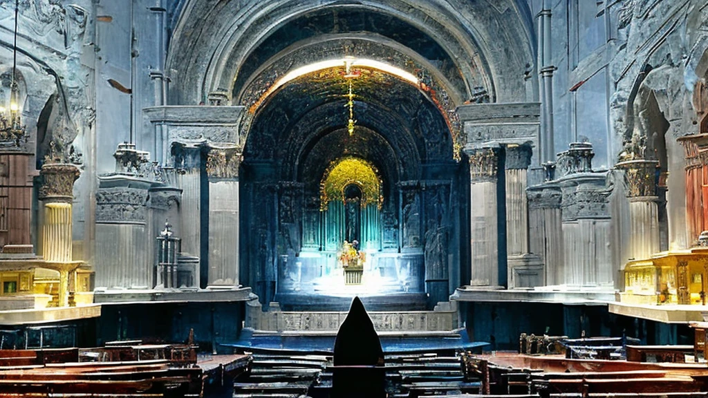 Imagine a hooded figure standing in the center of the image, your face hidden in the shadows of the hood. ao redor, religious icons like crosses, statues of deities and sacred scriptures are strategically placed, highlighting the influence of religion. Soft candlelight or old lamps partially illuminate the room, creating a contrast between light and shadow. No fundo, an ancient cathedral or imposing temple emerges in the dim light, suggesting mystery and power. The general atmosphere is one of intrigue and contemplation, evoking the theme of controlling the masses through religion and its doctrines, with the hooded character symbolizing anonymity and hidden power behind religious institutions.