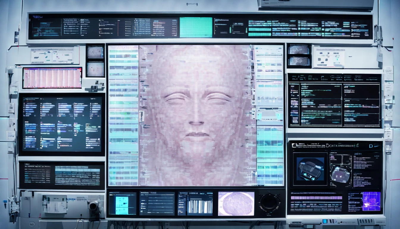 Wall close-up photography,　Take a photo straight-on facing the wall.　 The clinic of the future features giant monitors displaying medical and chemical data.。Bright spot with white walls, Scientific research, The camera is parallel