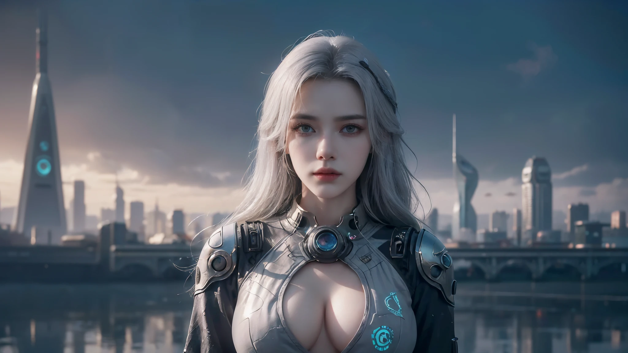 masterpiece,best quality,high resolution,8K,(Portraits:1.5),(R Original Photo),The real situation,Digital Photography,(A fusion of cyberpunk and fantasy),(Policewoman),,Feel free to hairstyle,White hair,Purple Eyes,By Bangs,(red eye breasts, Accessories,shut your mouth,Elegant and charming,Serious and arrogant,Calm and handsome,(Combination of cyberpunk and fantasy style clothing,hollow-carved design,Large Breasts,Photo poses,Realistic style,Gray World Background,oc render reflection texture,futuristic city,Medium distance photography