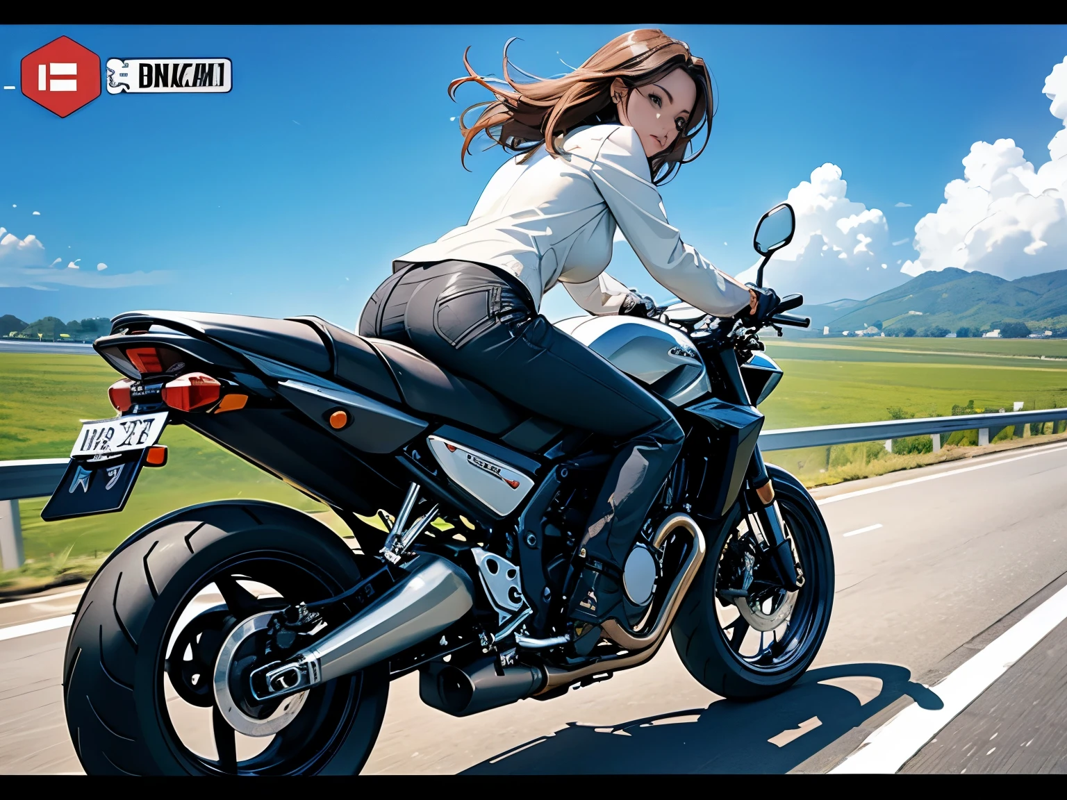 1 Beautiful woman riding a motorcycle on the highway，The camera follows the motorcycle from behind，Dashcam viewing angle