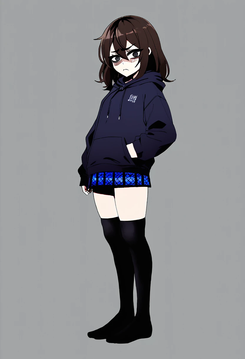 edgy girl with dark brown hair with bags under her eyes, wearing a dark blue hoodie, blue miniskirt and black thigh high socks. She has a grumpy look and a frown on her face. Full body view