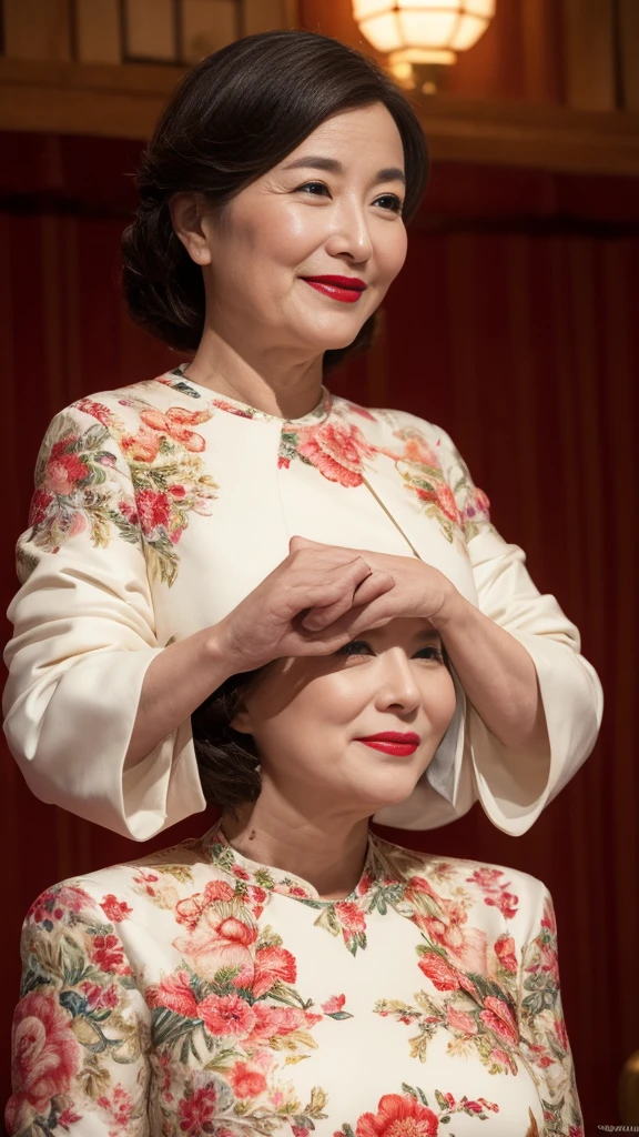 Art Deco, Chinoiserie, gravure, senior citizen, Draw lips correctly, Red lipstick, From the chest up, 16K, Highest quality, Very detailed, Realistic, Very detailed肌, Perfect Anatomy, (1 Chinese), (alone), 100 years old, Large Breasts, Mature female politician, Glamour, sexy, Chromo White Skin, View your audience,