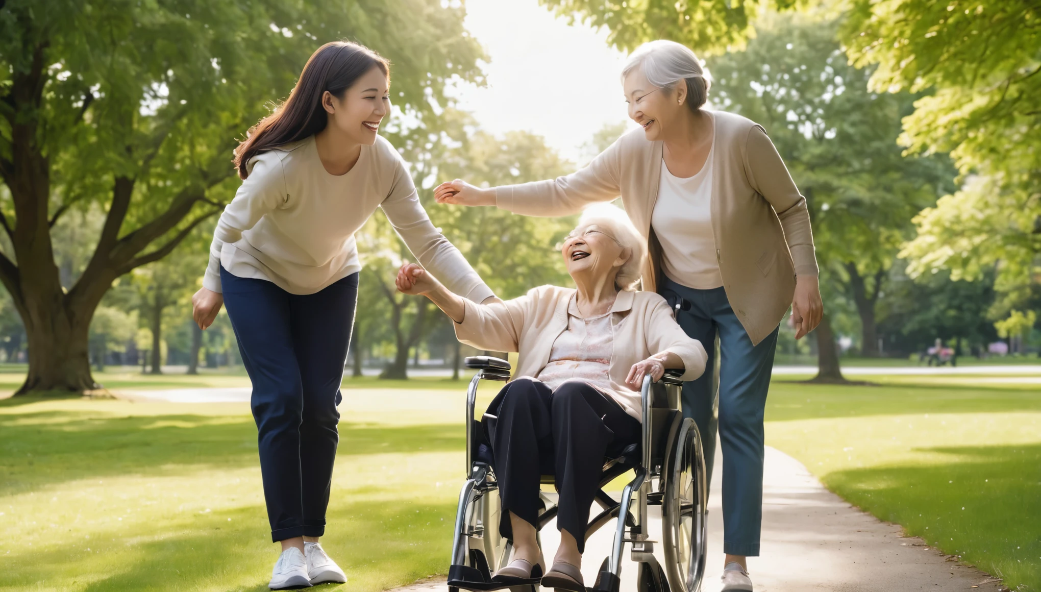 A young woman pushes an elderly woman in a wheelchair along a path in a park. The two are smiling and laughing, enjoying the beautiful weather. The elderly woman has her arms outstretched, and the young woman is looking at her with a smile. There are trees and green grass in the background. The image depicts a moment of joy and companionship between a caregiver and a patient.