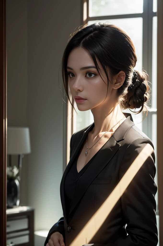(Photoreal Stick:1.5, masutepiece:1.5, 8K), (top-quality, ​masterpiece, 超A high resolution), Professional camera work:1.4, Highly detailed skin and facial texture:1.3, Mystical portrait, Grow Light Effect, Perfect dynamic composition, The ultra-detailliert, 1girl in, ((Night view from inside the building, low light hotel room)), (V-neck shirt:0.8, Black Tailored Suit, Suit jacket), Model body type, Clear face, Detailed hand, Beautiful and detailed eyes, (Enraptured look:0.6, i love you completely:0.6), A mouthfeel that feels beautiful eros, Dark brown medium hair, Small breasts, a necklace, ((Reflected light from the glass shines in))