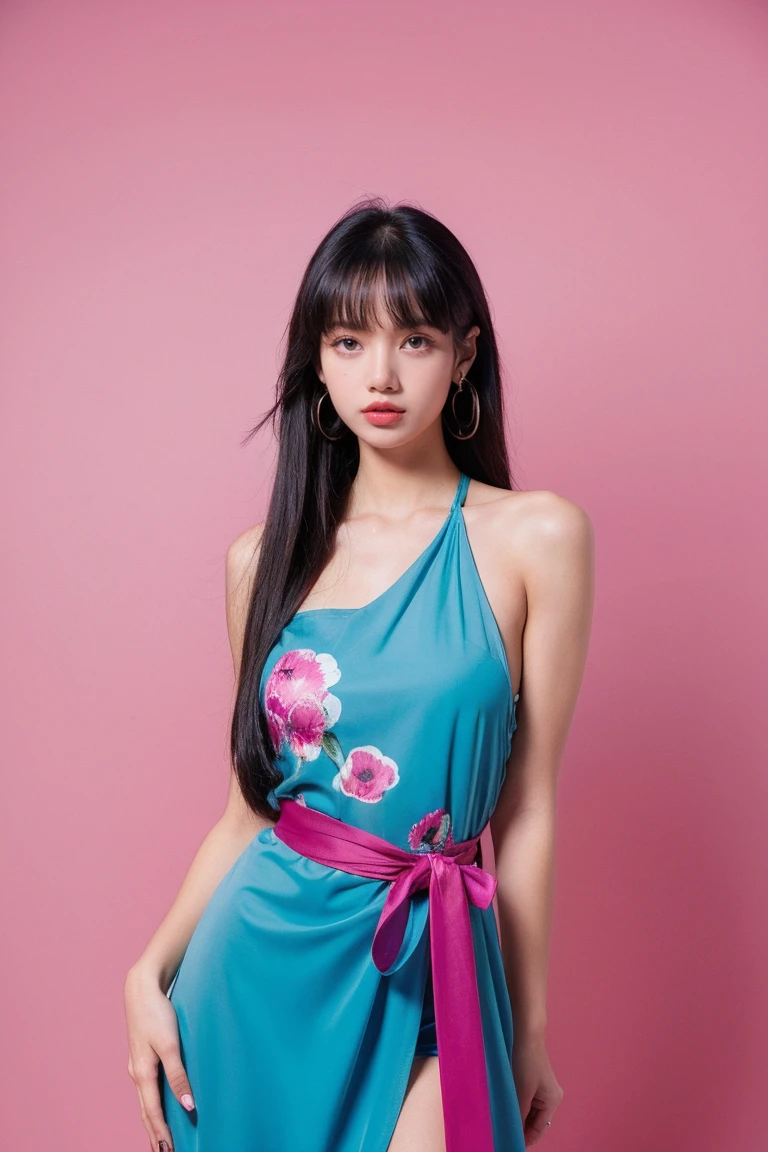 21yo girl, beautiful dress, fuchsia background