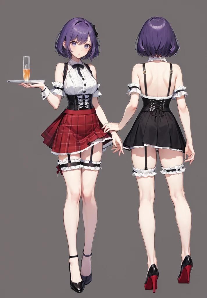 Purple Hair,Shortcuts,Adult female,(bartender),((Body Harness)),((Roll up your shirt sleeves)),(corset),(Tight Skirt),((garter belt)),(High heels),((Simple Background)),smile,((whole body)),((whole body)),Character Sheet,