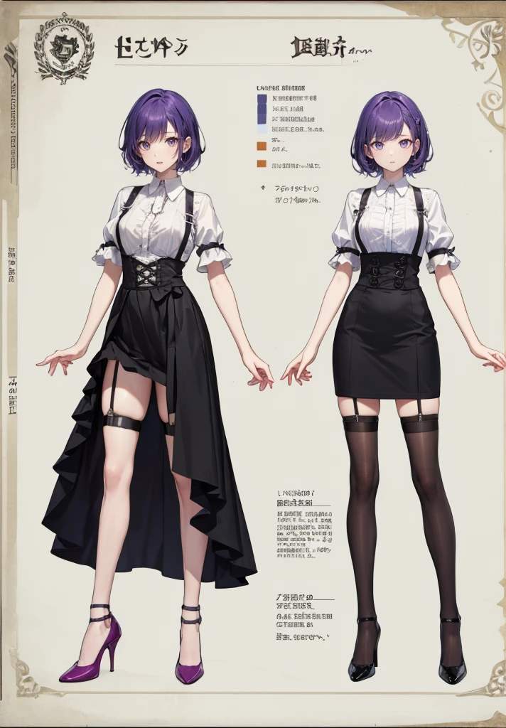 Purple Hair,Shortcuts,Adult female,(bartender),((Body Harness)),((Roll up your shirt sleeves)),(corset),(Tight Skirt),((garter belt)),(High heels),((Simple Background)),smile,((whole body)),((whole body)),Character Sheet,