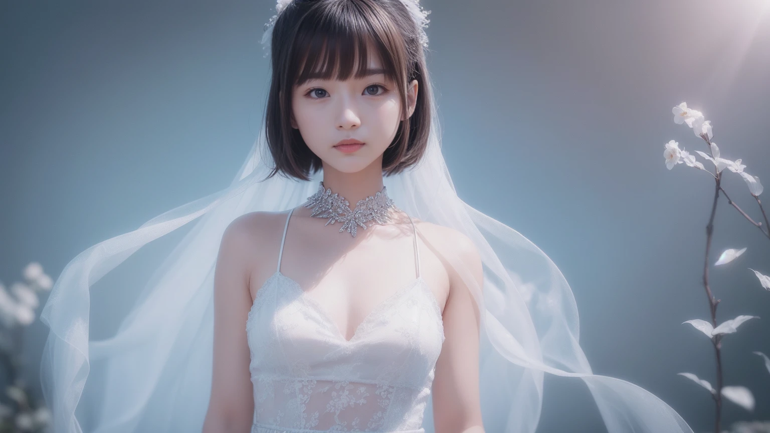 (((1 girl)))、(11 years old)、girl、Fluffy long hair、Glass Dress、plastic dress,See-through transparent clothing,Glass texture,The light shines,color is transparent,hair ornaments、Choker Necklace、gem、Cute face、Physically、Tyndall effect、Realistic、Shadow Studio、Edge Light、2-color illumination、(Skin with attention to detail:1.2)、8K, Ultra HD、Digital single-lens reflex camera、Soft Lighting、expensive、expensive品質、Volumetric Light、Voyeur、photograph、High resolution、4K、8K、The background is blurred,Highest quality、masterpiece、High resolution、