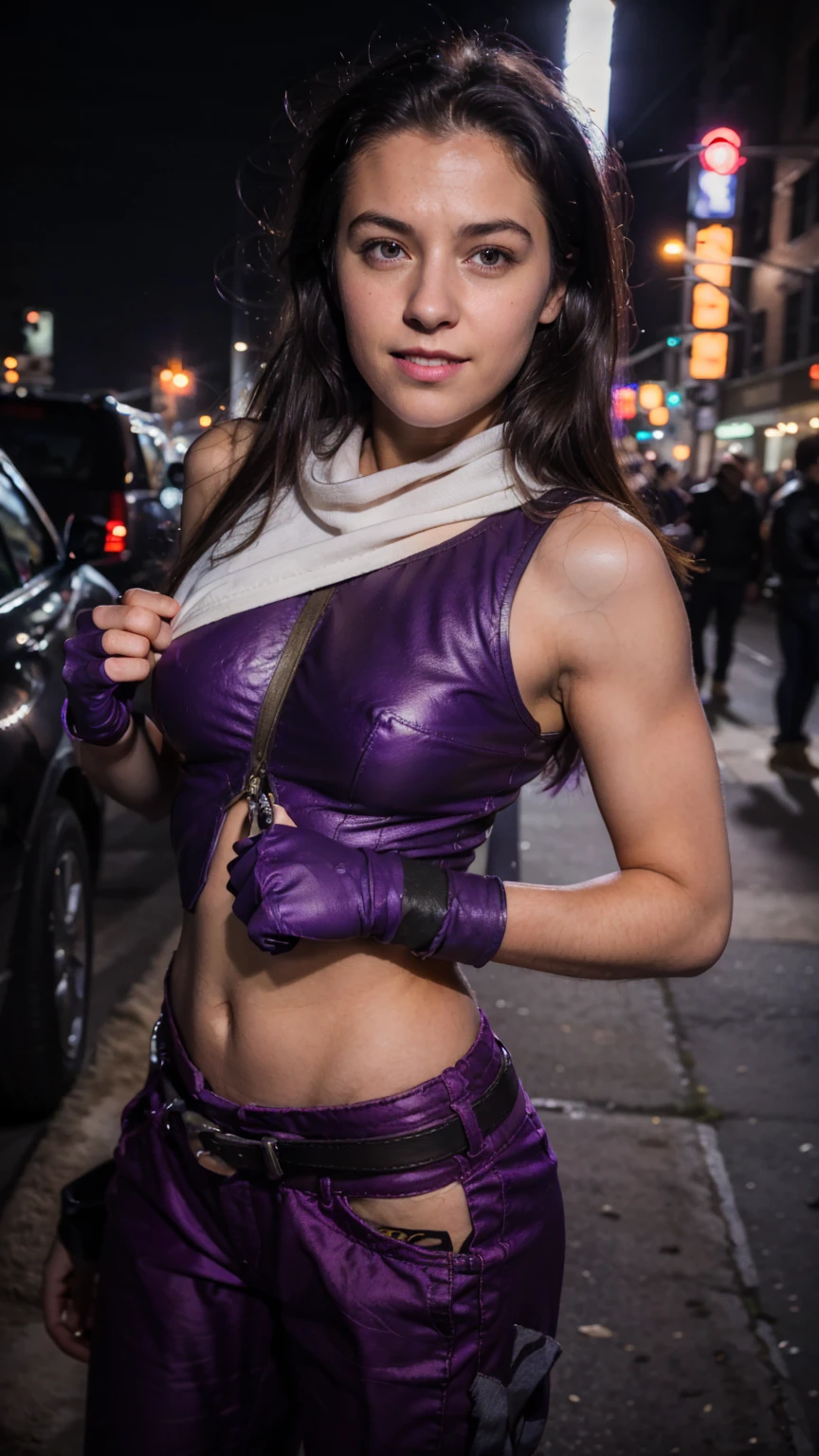 (masterpiece), (photorealistic1.4), (1 girl), (solo), (best quality), (epiCRealLife), (epiCFlashPhoto), (medium breast), (Kate Bishop long hair), (sleeveless top), (kateb2023 black utility belt), (kateb2023 purple costume), (purple pants) (kateb2023 purple sleevless bodysuit), (sks woman),(white scarf), bare shoulder), (night time),  (elbow gloves), (abs), (flash photography), (film photo), (cowboy shots), (outdoor), (street of new york), (at night), (look at viewers),(light smile), (close up)